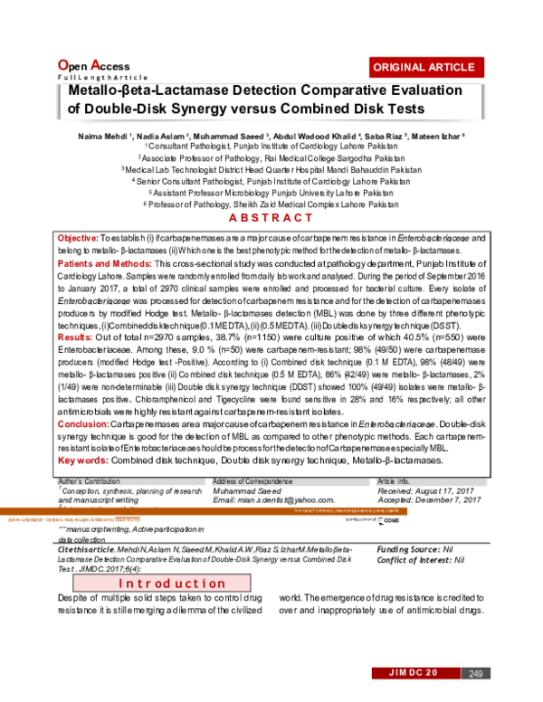 (PDF) Metallo-βeta-Lactamase Detection Comparative Evaluation of Double ...