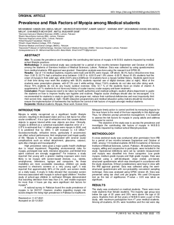 (PDF) Prevalence and Risk Factors of Myopia among Medical students