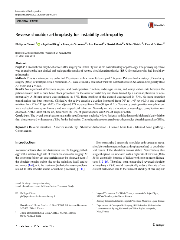 (PDF) Reverse shoulder arthroplasty for instability arthropathy