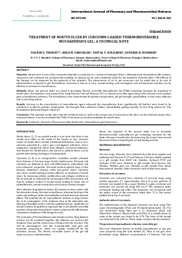 (PDF) Treatment of Mouth Ulcer by Curcumin Loaded Thermoreversible ...