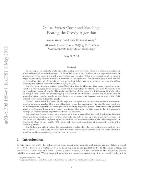 (PDF) Online Vertex Cover and Matching: Beating the Greedy Algorithm