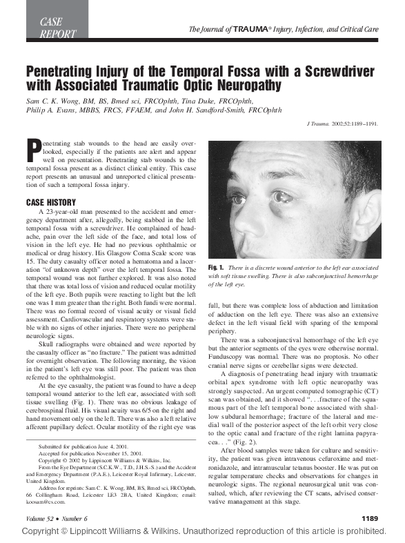 (PDF) Penetrating Injury of the Temporal Fossa with a Screwdriver with ...