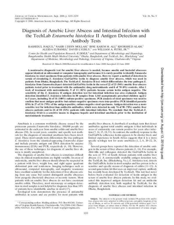 (PDF) Diagnosis of Amebic Liver Abscess and Intestinal Infection with