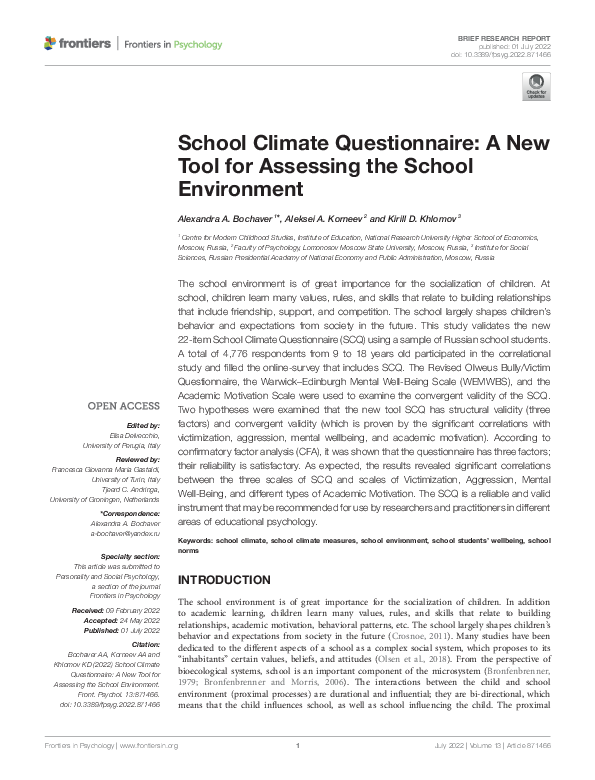 (PDF) School Climate Questionnaire: A New Tool for Assessing the School ...