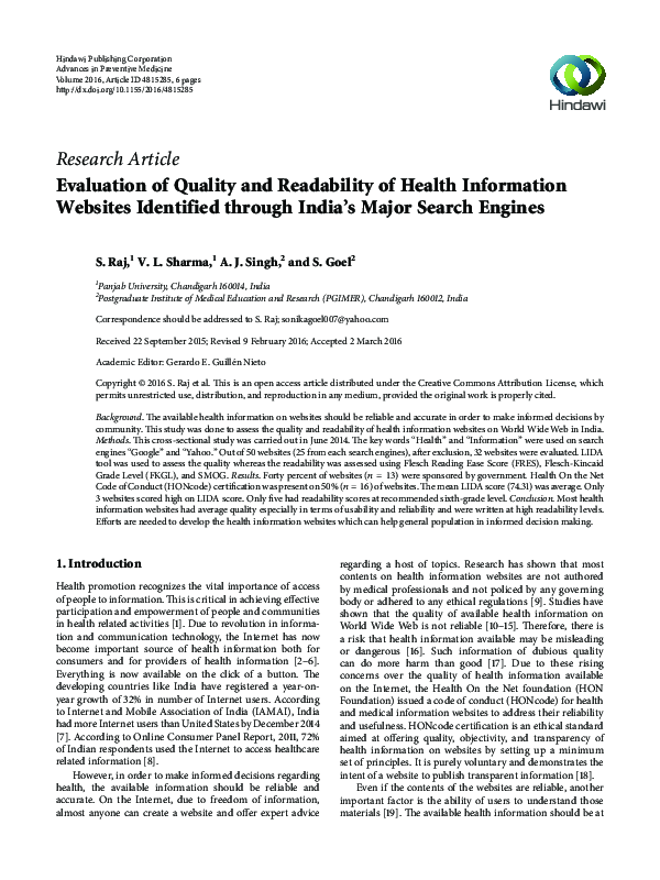 (PDF) Evaluation of Quality and Readability of Health Information ...