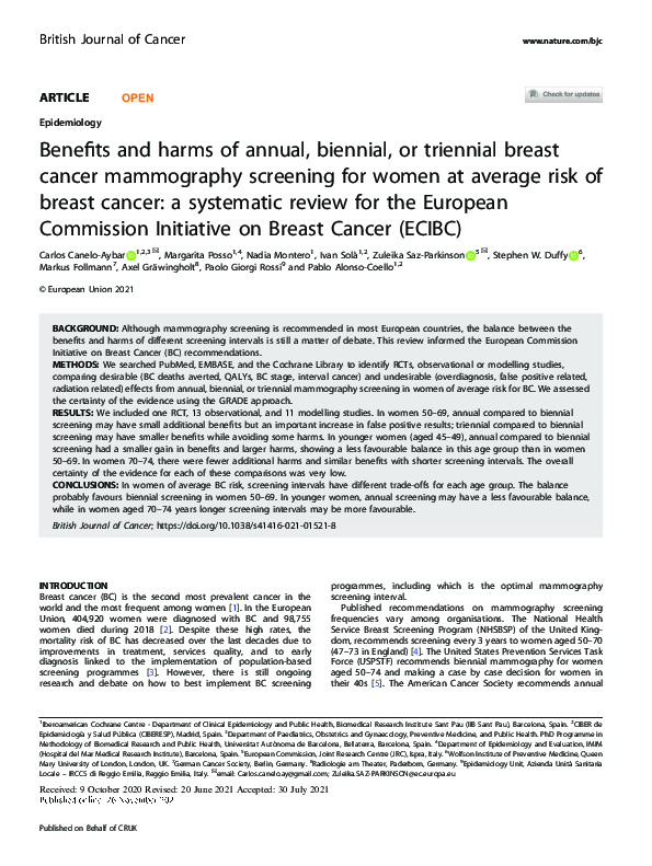 (PDF) Benefits and harms of annual, biennial, or triennial breast ...