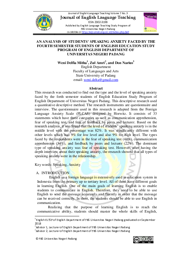 (PDF) An Analysis of Students’ Speaking Anxiety Faced by the Fourth ...