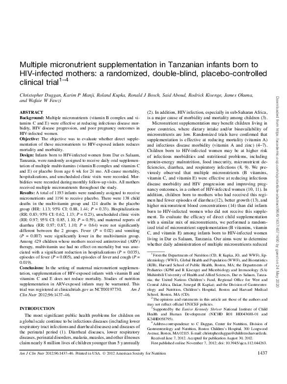 (PDF) Multiple micronutrient supplementation in Tanzanian infants born ...