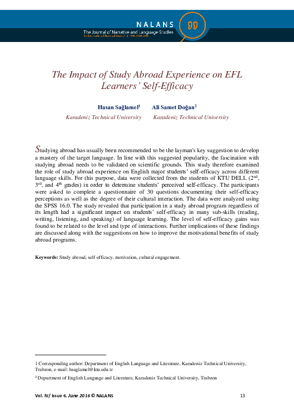 (PDF) The Impact of Study Abroad Experience on EFL Learners’ Self-Efficacy