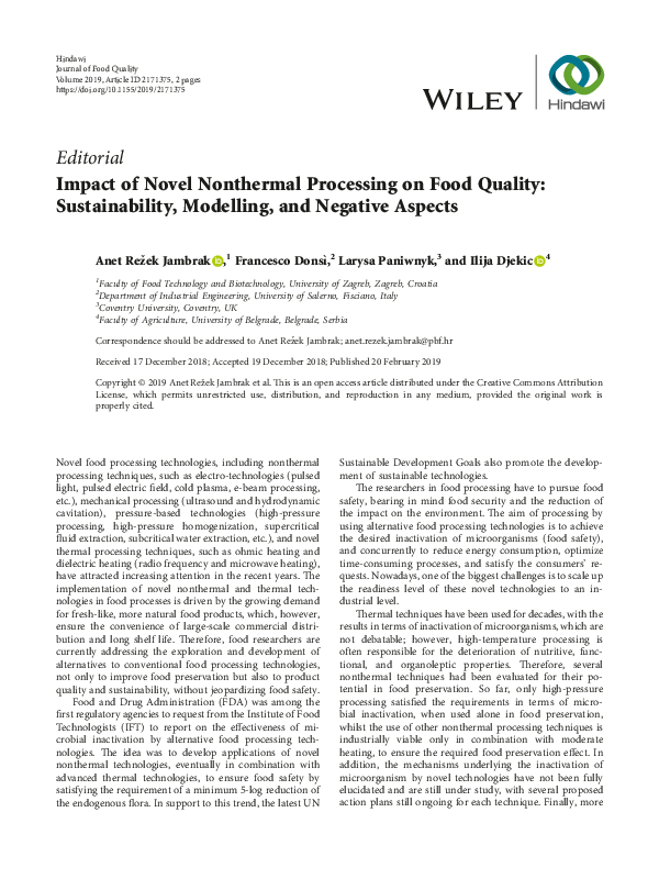 (PDF) Impact of Novel Nonthermal Processing on Food Quality ...