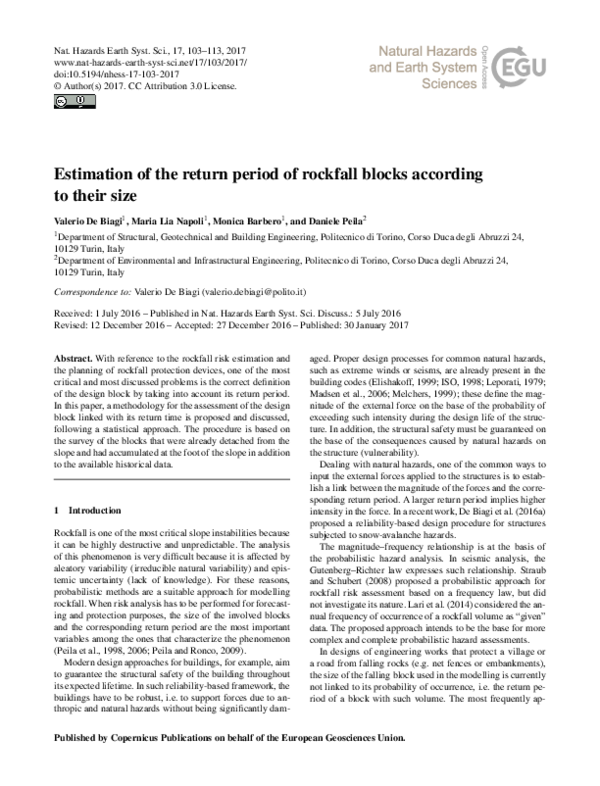 (PDF) Estimation of the return period of rockfall blocks according to ...