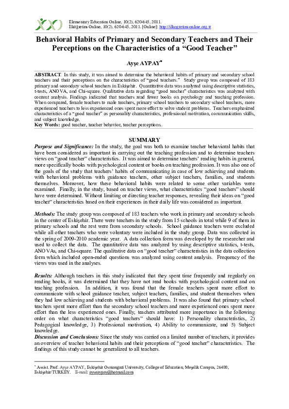 (PDF) Behavioral Habits of Primary and Secondary Teachers and Their ...