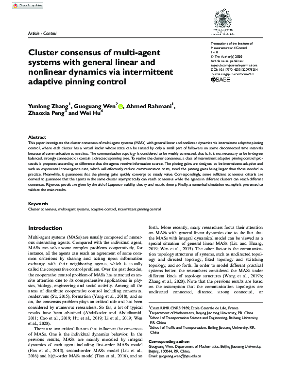 (PDF) Cluster consensus of multi-agent systems with general linear and ...