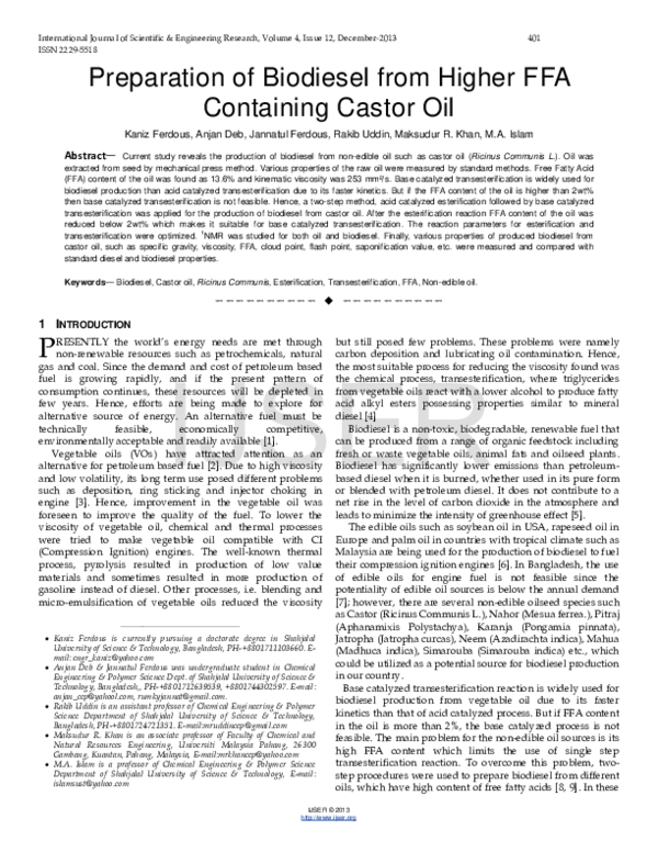 (PDF) Preparation of Biodiesel from Higher FFA Containing Castor Oil