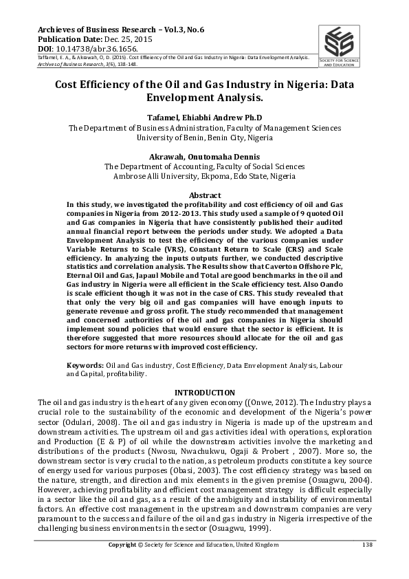 (PDF) Cost Efficiency of the oil and gas industry in nigeria: Data ...