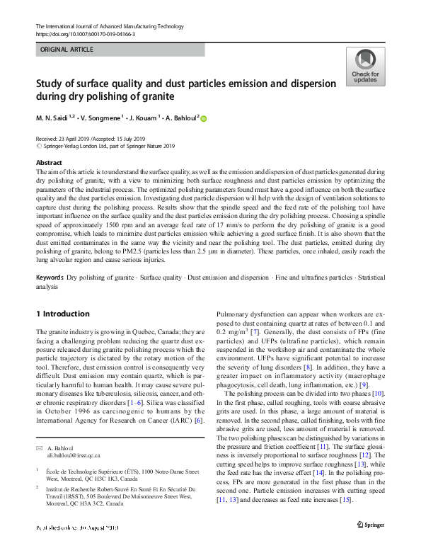 (PDF) Study of surface quality and dust particles emission and ...