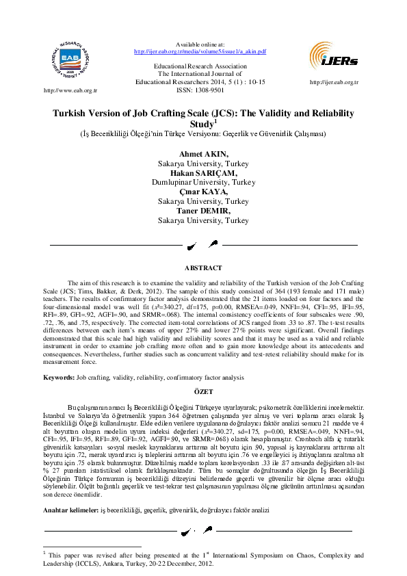 (PDF) Turkish Version of Job Crafting Scale (JCS): The Validity and ...