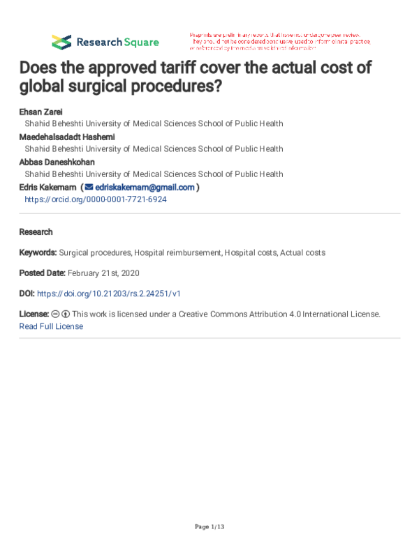 (PDF) Does the approved tariff cover the actual cost of global surgical ...