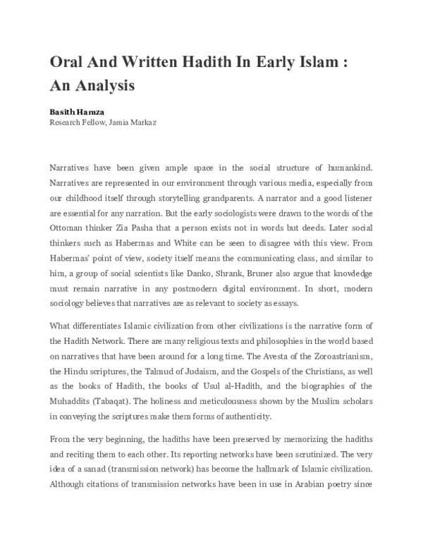 Doc Oral And Written Hadith In Early Islam An Analysis