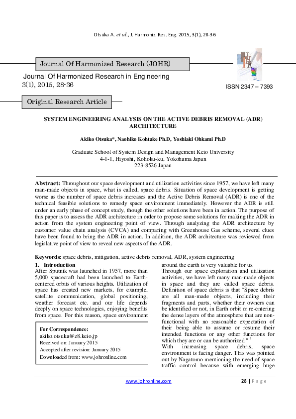 (PDF) System Engineering Analysis on the Active Debris Removal (Adr ...