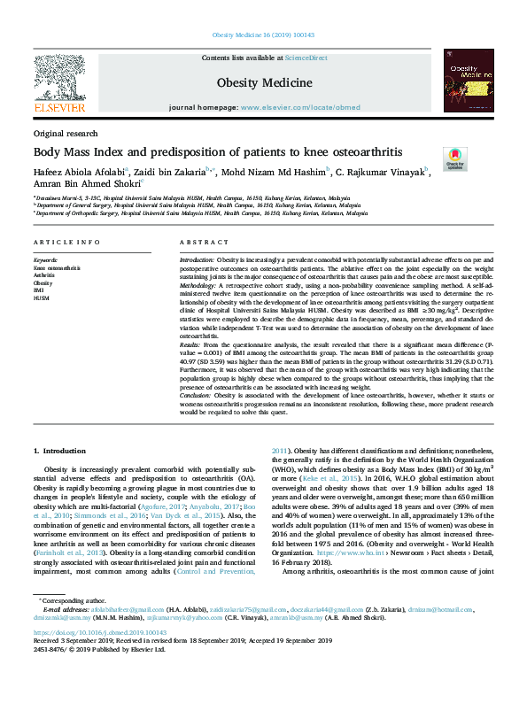 (PDF) Body Mass Index and predisposition of patients to knee osteoarthritis