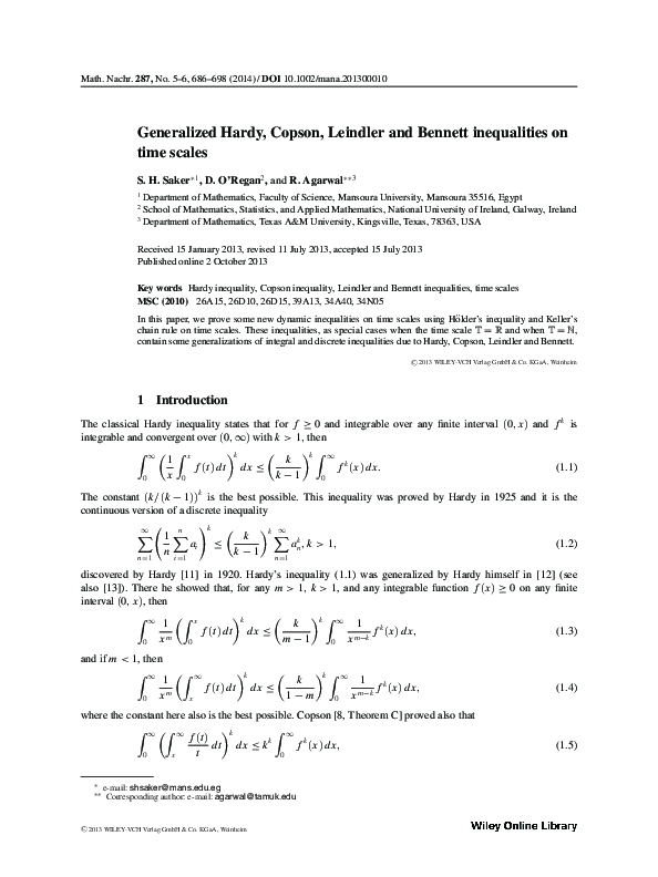 (PDF) Generalized Hardy, Copson, Leindler and Bennett inequalities on ...