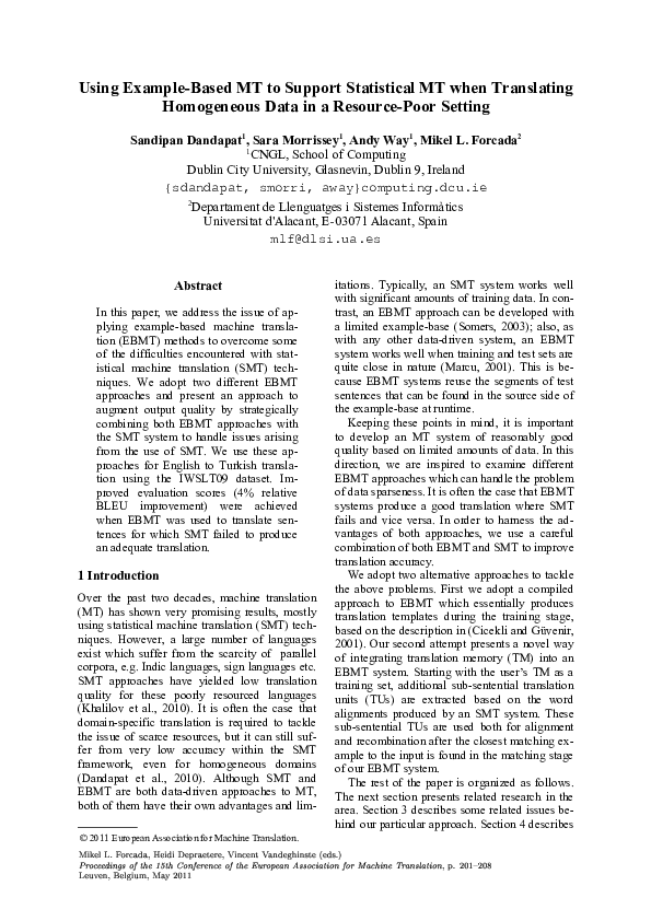 (PDF) Using Example-Based MT to Support Statistical MT when Translating ...