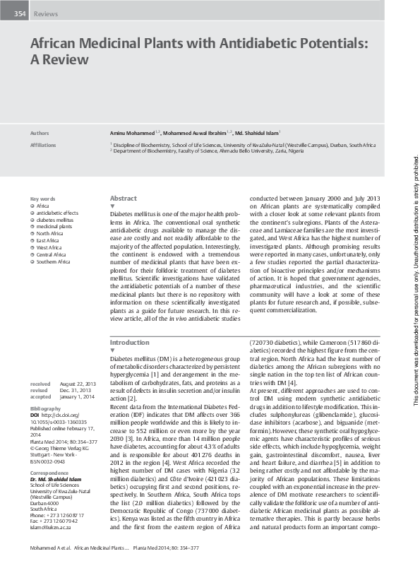 (PDF) African Medicinal Plants with Antidiabetic Potentials A Review Aminu Bala Mohammed