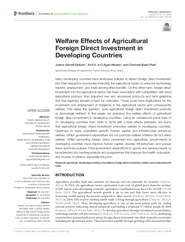 (PDF) Welfare Effects of Agricultural Foreign Direct Investment in ...