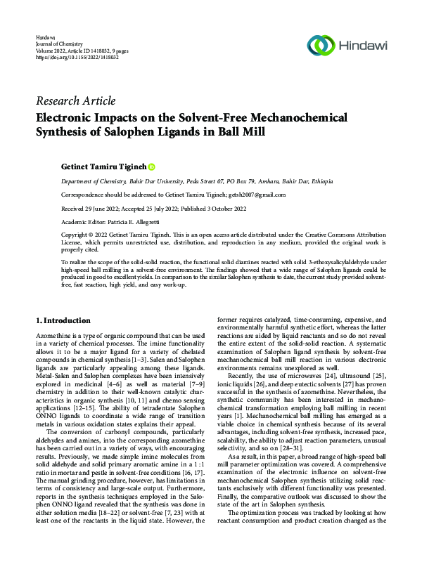 (PDF) Electronic Impacts on the Solvent-Free Mechanochemical Synthesis ...