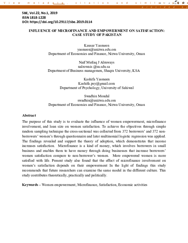 (PDF) Influence of Microfinance and Empowerment on Satisfaction: Case ...