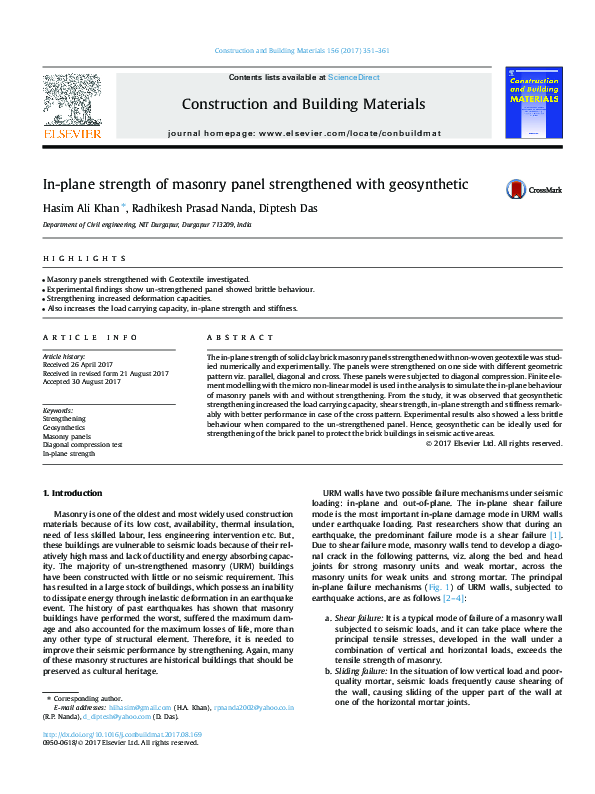 (PDF) In-plane strength of masonry panel strengthened with geosynthetic
