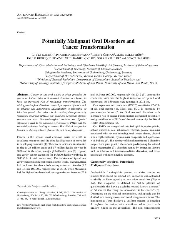 (PDF) Potentially Malignant Oral Disorders and Cancer Transformation
