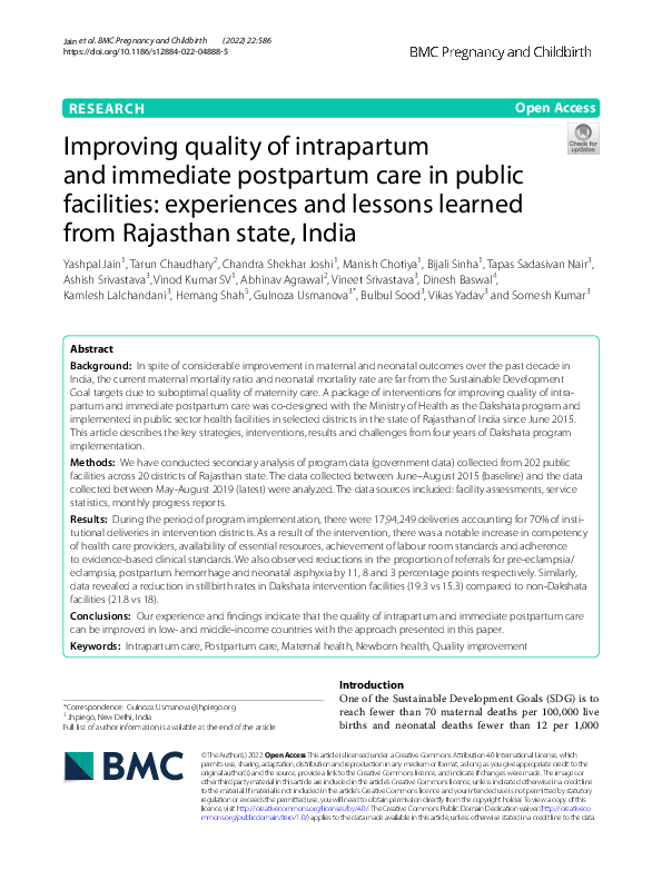 (PDF) Improving quality of intrapartum and immediate postpartum care in ...