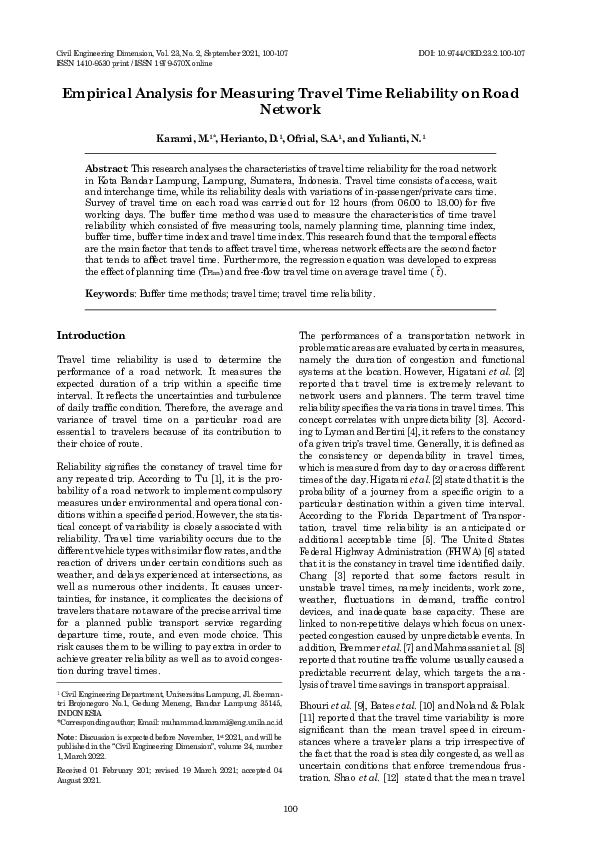 (PDF) Empirical Analysis for Measuring Travel Time Reliability on Road ...