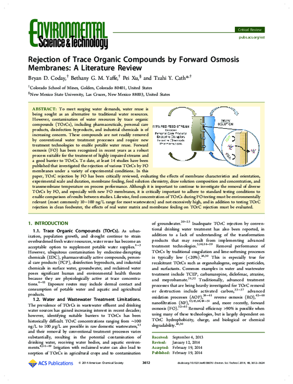 (PDF) Rejection of Trace Organic Compounds by Forward Osmosis Membranes ...