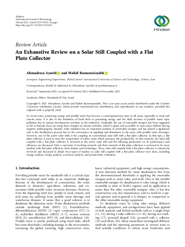 (PDF) An Exhaustive Review on a Solar Still Coupled with a Flat Plate ...