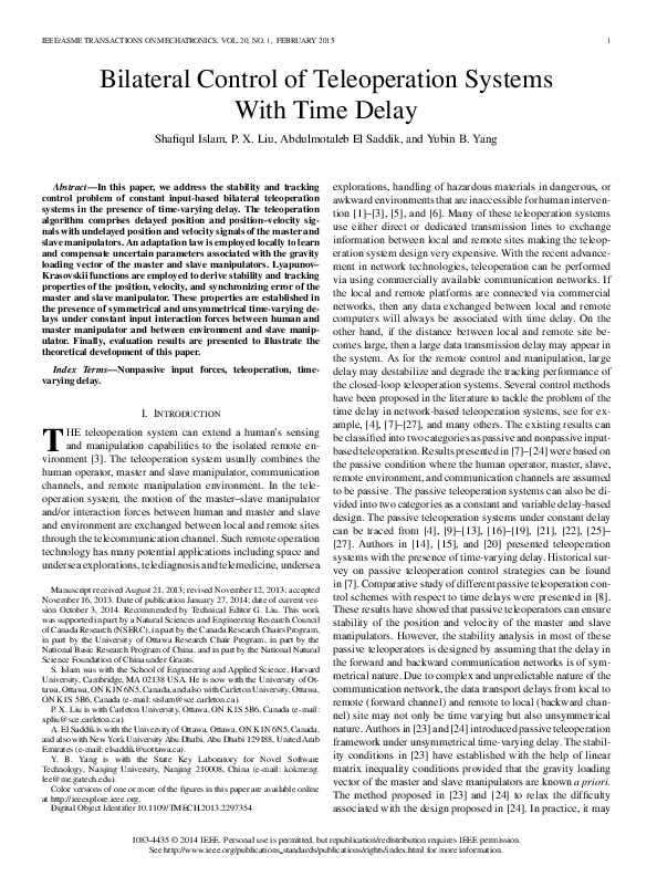 (PDF) Bilateral Control of Teleoperation Systems With Time Delay
