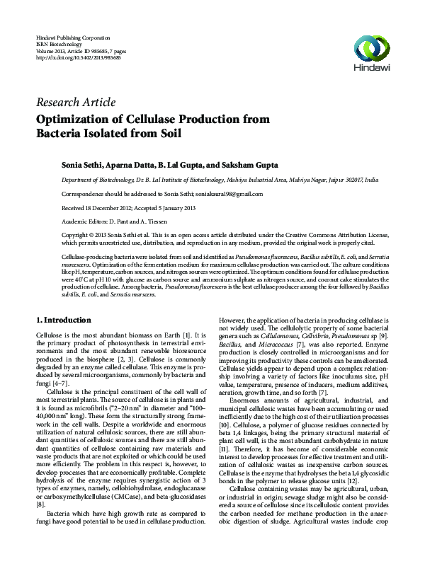 (PDF) Optimization of Cellulase Production from Bacteria Isolated from Soil