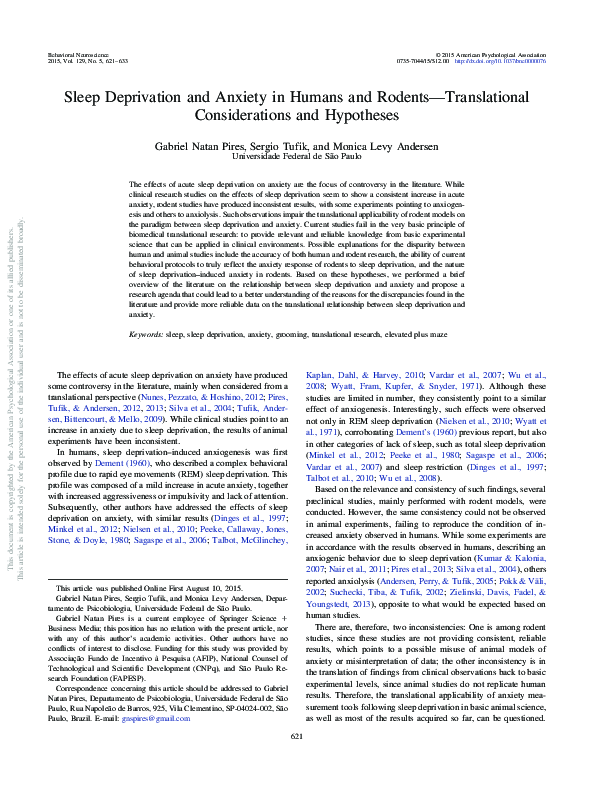 (PDF) Sleep deprivation and anxiety in humans and rodents—Translational ...