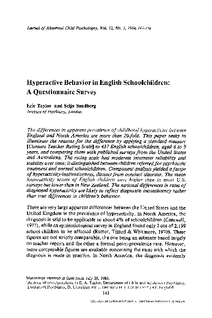 (PDF) Hyperactive behavior in english schoolchildren: A questionnaire ...