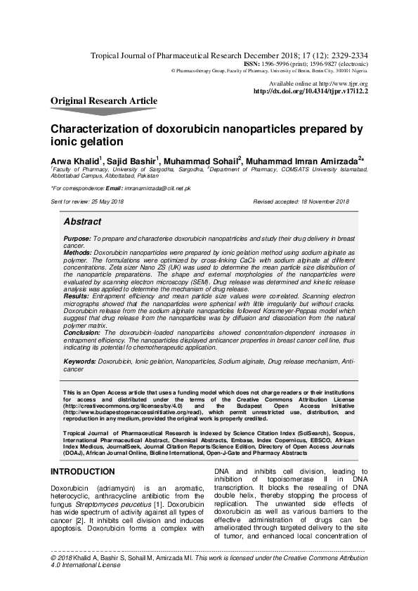 (PDF) Characterization of doxorubicin nanoparticles prepared by ionic ...