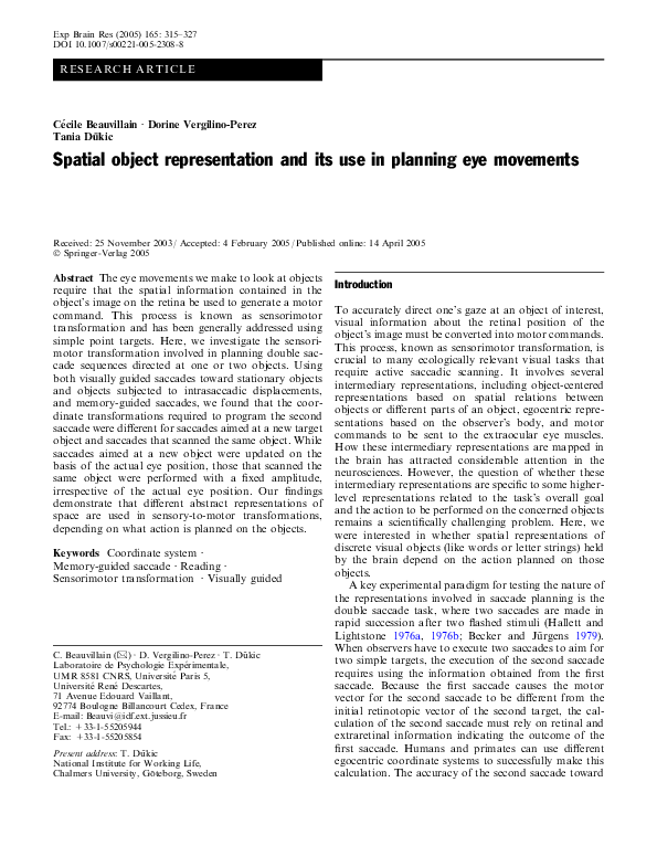 (PDF) Spatial object representation and its use in planning eye movements