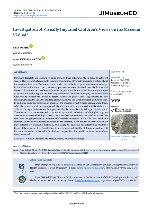 (PDF) Investigation of Visually Impaired Children's Views on the Museum ...