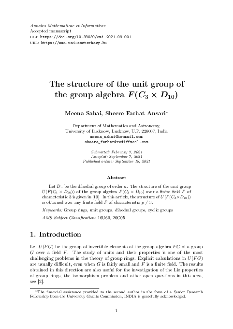 (PDF) The structure of the unit group of the group algebra F(C₃ × D₁₀)