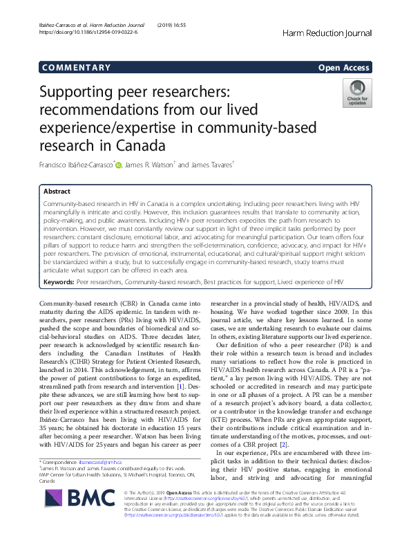 Supporting peer researchers: recommendations from our lived experience/expertise in community-based research in Canada
