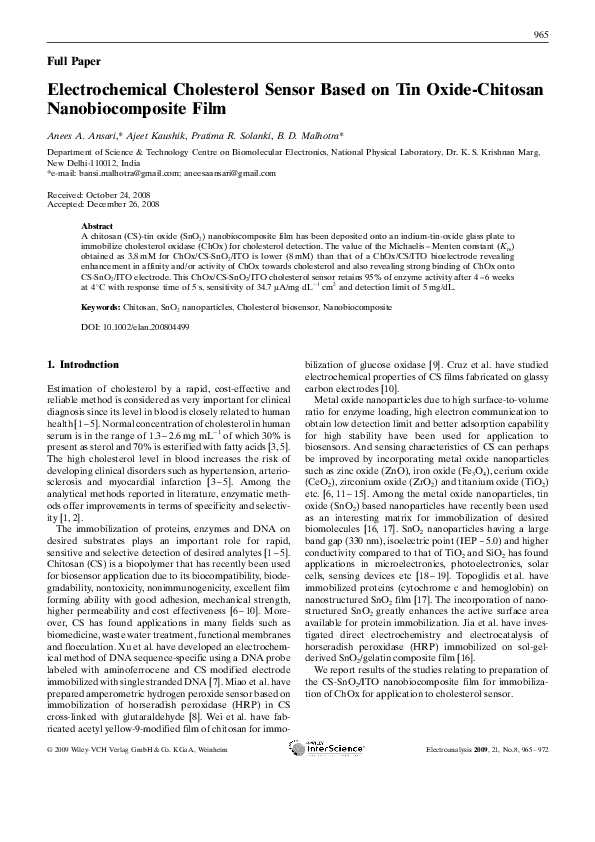 (PDF) Electrochemical Cholesterol Sensor Based on Tin Oxide-Chitosan ...
