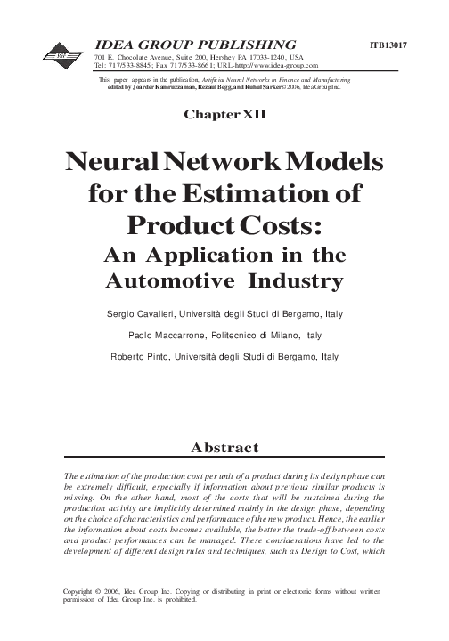 (PDF) Neural network models for the estimation of product costs: An ...