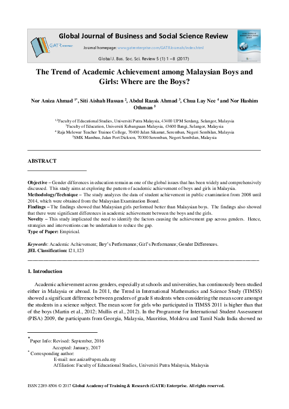 (PDF) The Trend of Academic Achievement among Malaysian Boys and Girls ...