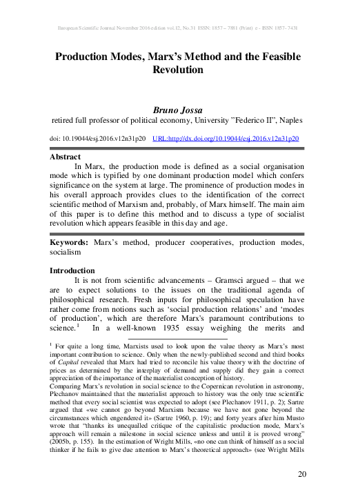 (PDF) Production Modes, Marx’s Method and the Feasible Revolution